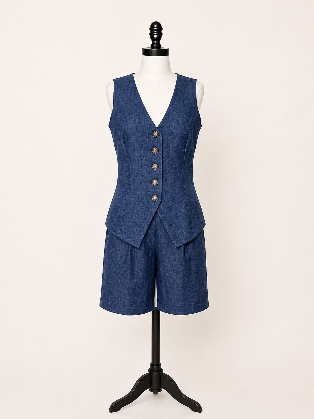 GOOD LUCK GEM 3PC Vest Top Shorts Set Womens L Blue Linen Look Tailored‎